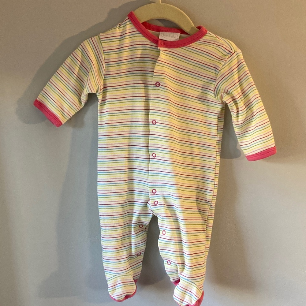Bon Bebe Multicolor Striped Footed One-Piece with Pink Trim